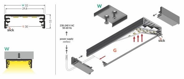 WIDE24 G/W Επιφανειακό Προφιλ για ταινία LED 0232