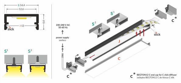 BEGTON12 JC/S Προφίλ για Ταινία LED 0112
