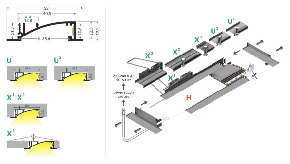 FLAT8 H/UX Χωνευτό Προφίλ για ταινία LED 0391