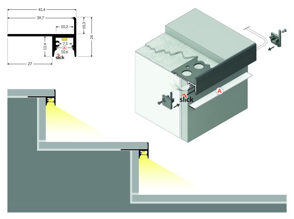 UP-TILE10 A Χωνευτό Προφίλ για σκαλοπάτι 2238